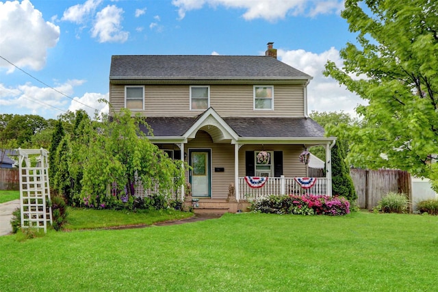 24 Haynes Ave, West Islip, NY 11795 - view of front facade featuring a chimney, a shingled roof, and a porch