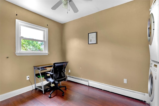 24 Haynes Ave, West Islip, NY 11795 - office area with stacked washing machine and dryer, wood finished floors, a baseboard heating unit, a ceiling fan, and baseboards