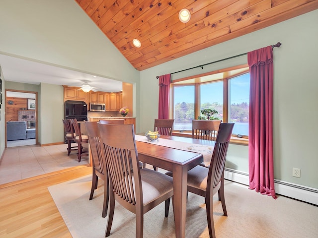 229 Eldred Yulan Rd, Eldred, NY 12792 - dining space featuring ceiling fan, high vaulted ceiling, light wood-type flooring, baseboards, and wood ceiling