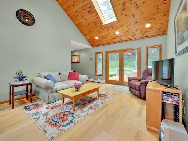 229 Eldred Yulan Rd, Eldred, NY 12792 - living room featuring a baseboard radiator, french doors, a skylight, high vaulted ceiling, and wood finished floors