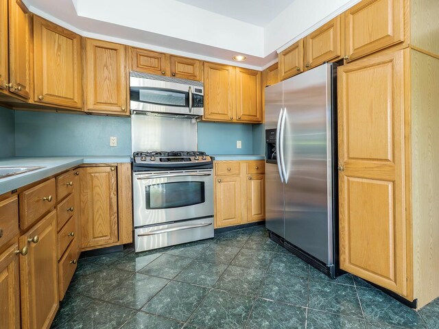 kitchen with appliances with stainless steel finishes, light countertops, and brown cabinets