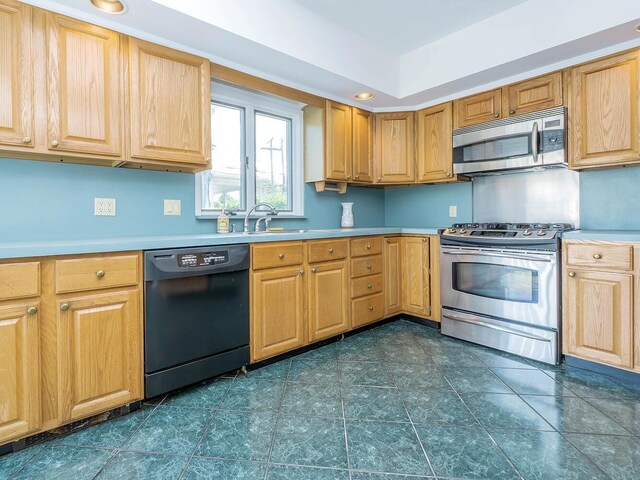 kitchen with appliances with stainless steel finishes, light countertops, a sink, and light brown cabinets
