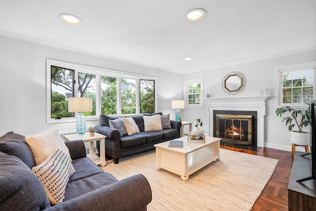 208 Wagner Ave, Mamaroneck, NY 10543 - living room featuring crown molding, plenty of natural light, a fireplace with flush hearth, recessed lighting, and baseboards