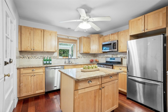 208 Wagner Ave, Mamaroneck, NY 10543 - kitchen featuring stainless steel appliances, light brown cabinetry, tasteful backsplash, and dark wood-style flooring