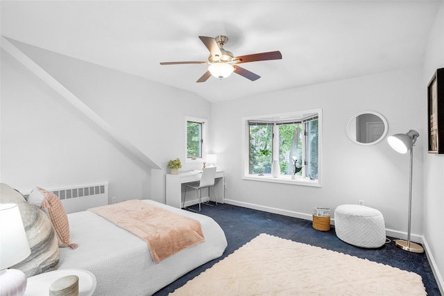 208 Wagner Ave, Mamaroneck, NY 10543 - bedroom with radiator, dark carpet, baseboards, ceiling fan, and a desk