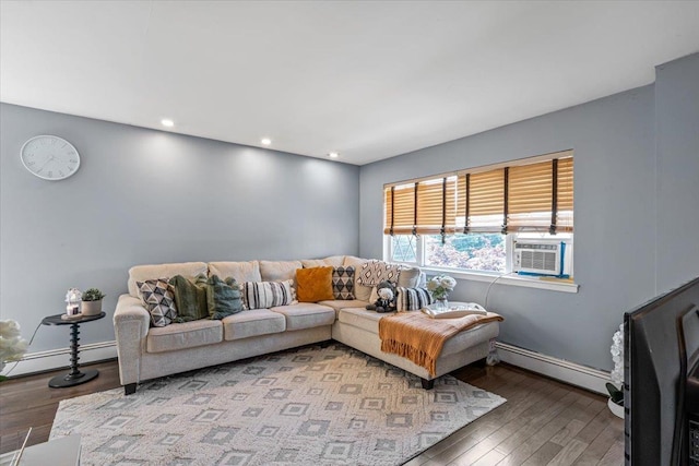 175 Frederick Ave, South Floral Park, NY 11001 - living room featuring baseboard heating, wood-type flooring, cooling unit, and recessed lighting