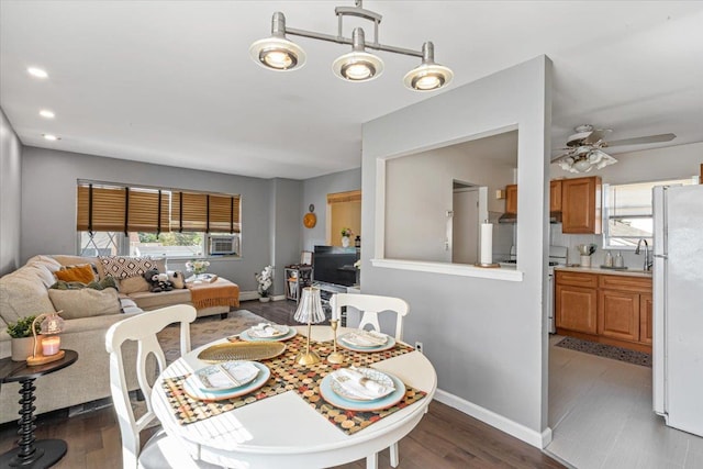 175 Frederick Ave, South Floral Park, NY 11001 - dining space featuring healthy amount of natural light, baseboards, a ceiling fan, wood finished floors, and recessed lighting