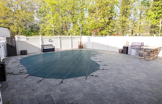 view of swimming pool with area for grilling, a fenced backyard, a patio area, and view of wooded area