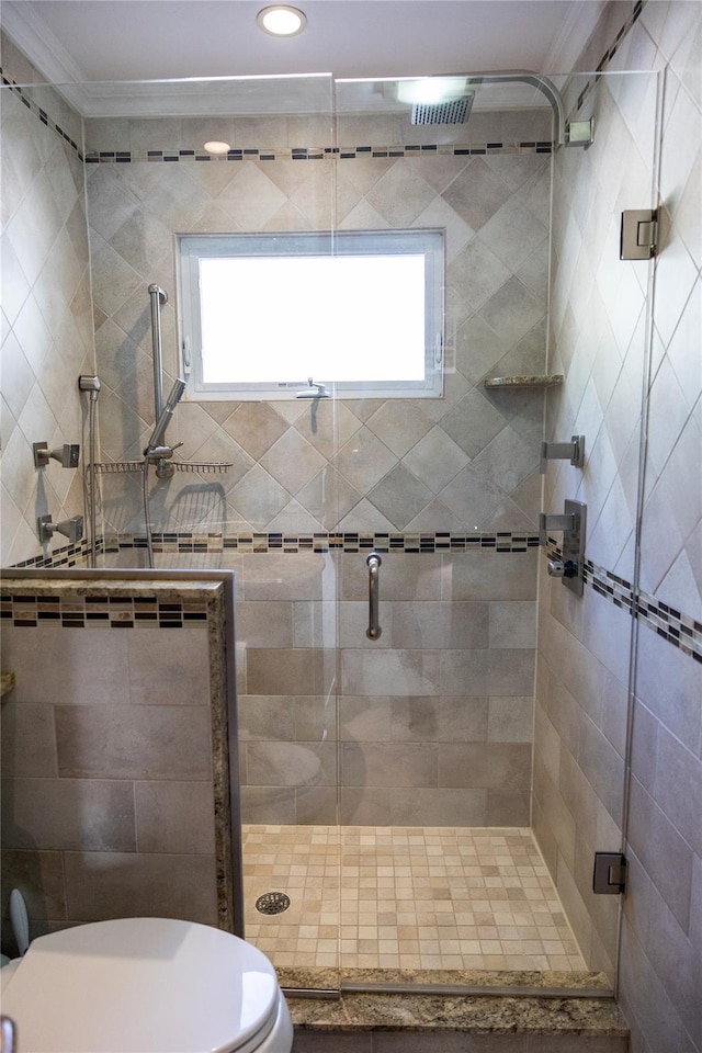 full bathroom featuring toilet, crown molding, a shower stall, and plenty of natural light