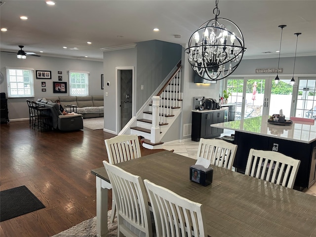 52 S Windhorst Ave, Bethpage, NY 11714 - dining area featuring crown molding, a ceiling fan, stairway, recessed lighting, and light wood finished floors