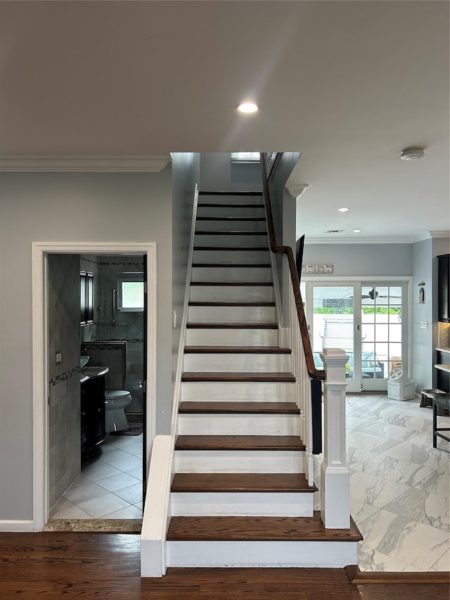 52 S Windhorst Ave, Bethpage, NY 11714 - stairway with crown molding and recessed lighting