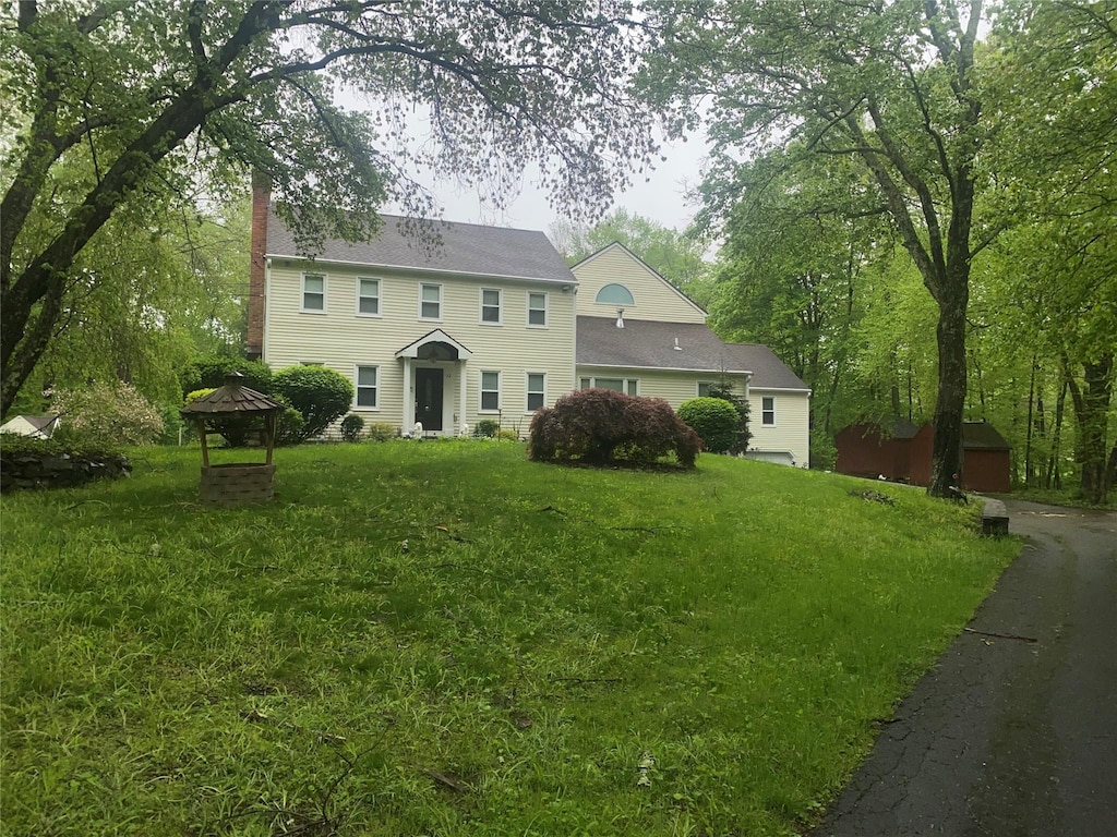 32ECHOVALLEYROAD Echo Valley Rd, Newtown, CT 06470 - colonial home featuring a chimney, a gazebo, and a front lawn