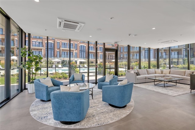 community lobby with expansive windows