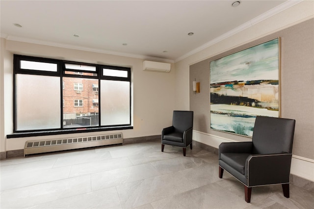 58-03 Calloway St Unit 3Nn, Corona, NY 11368 - living area featuring a baseboard heating unit, ornamental molding, a wall mounted air conditioner, and baseboards