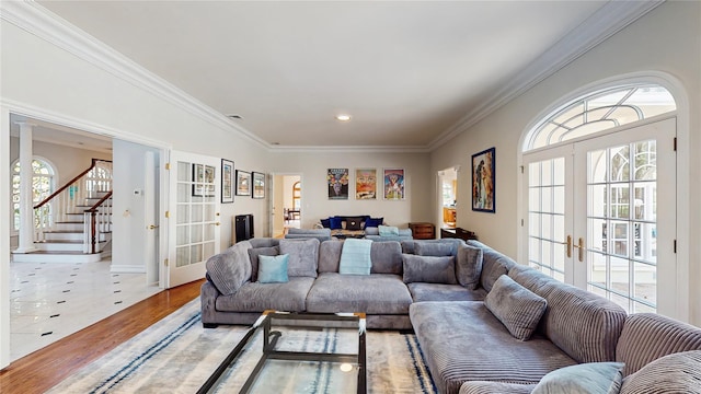 406 Duck Pond, Locust Valley, NY 11560 - living area with french doors, crown molding, recessed lighting, light wood finished floors, and stairs