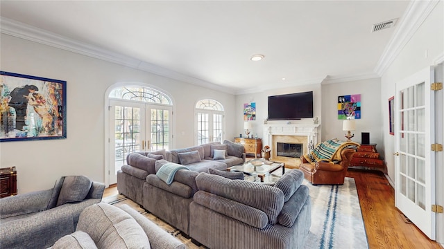 406 Duck Pond, Locust Valley, NY 11560 - living area featuring french doors, light wood finished floors, ornamental molding, a premium fireplace, and recessed lighting