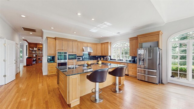 406 Duck Pond, Locust Valley, NY 11560 - kitchen featuring stainless steel appliances, under cabinet range hood, healthy amount of natural light, light wood-style flooring, and crown molding