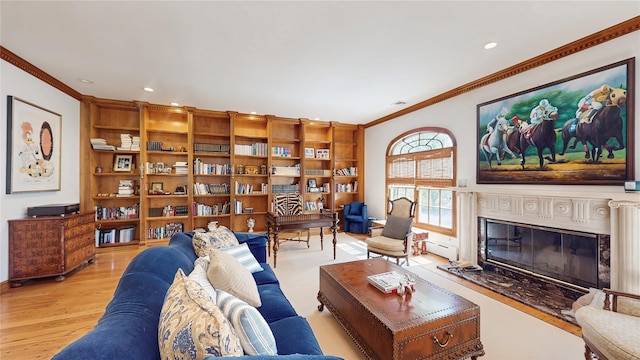 406 Duck Pond, Locust Valley, NY 11560 - living area featuring crown molding, wood finished floors, recessed lighting, and a high end fireplace