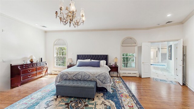 406 Duck Pond, Locust Valley, NY 11560 - bedroom featuring a baseboard heating unit, a chandelier, crown molding, wood finished floors, and recessed lighting