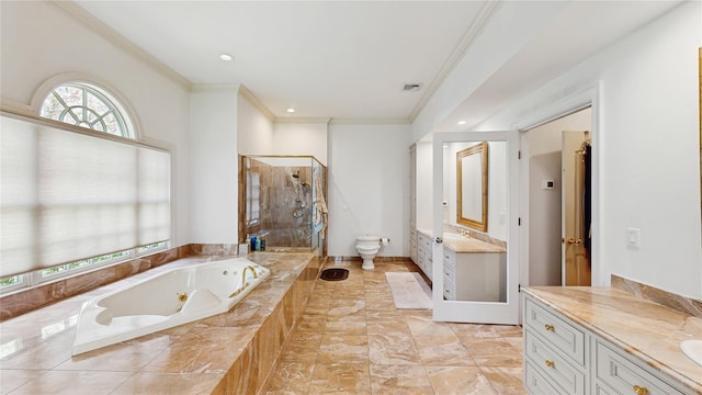 406 Duck Pond, Locust Valley, NY 11560 - full bath featuring a stall shower, vanity, crown molding, a jetted tub, and toilet