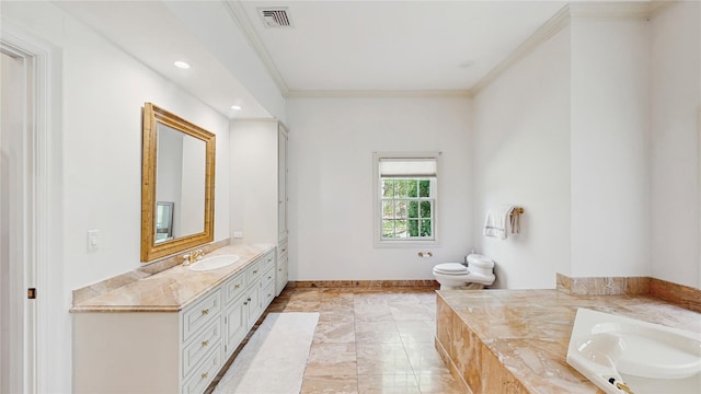 406 Duck Pond, Locust Valley, NY 11560 - bathroom with vanity, ornamental molding, a bath, toilet, and recessed lighting