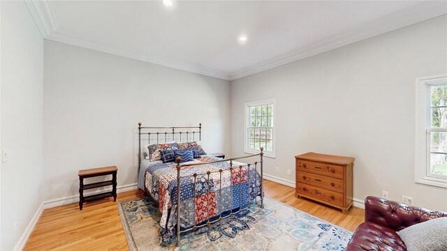 406 Duck Pond, Locust Valley, NY 11560 - bedroom with multiple windows, light wood finished floors, crown molding, recessed lighting, and baseboards
