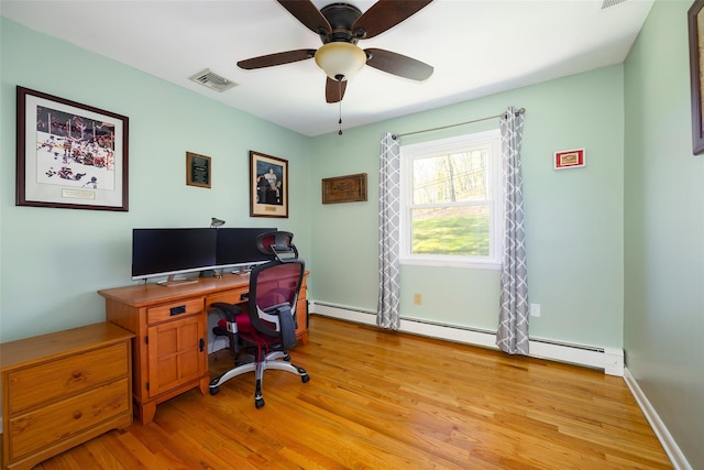 office featuring light wood finished floors, a ceiling fan, a baseboard radiator, and baseboards