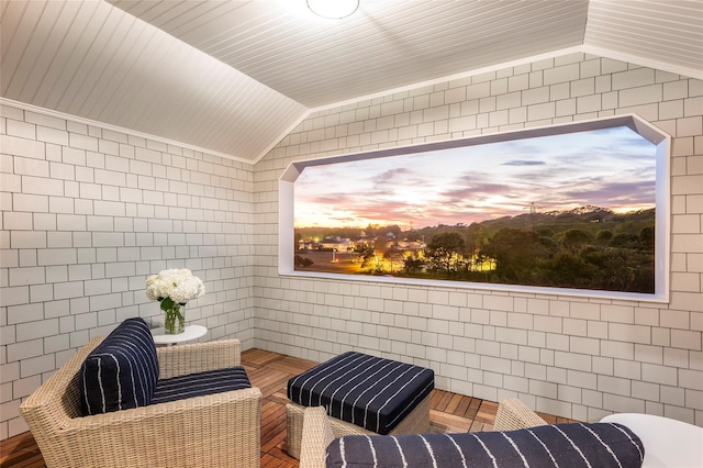 67 Old Boathouse Ln N, Hampton Bays, NY 11946 - living area with lofted ceiling and tile walls