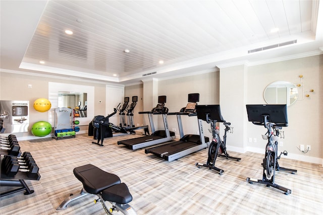 67 Old Boathouse Ln N, Hampton Bays, NY 11946 - workout area featuring a raised ceiling, carpet, baseboards, recessed lighting, and crown molding