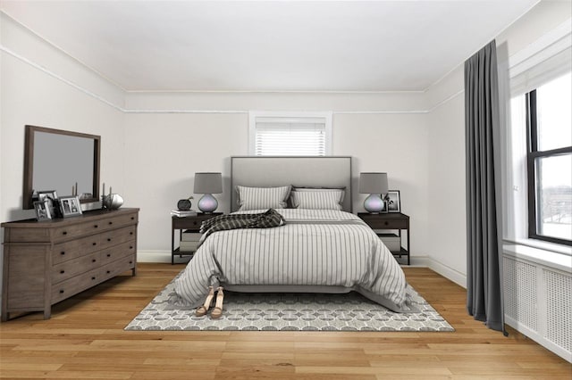 37BROMPTON Road 5-B, Great Neck, NY 11021 - bedroom with multiple windows, light wood-type flooring, radiator, and baseboards