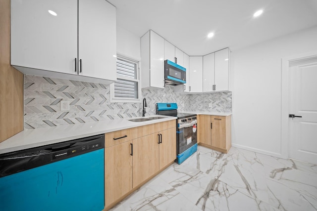 kitchen featuring dishwasher, stainless steel electric range, a sink, light countertops, and recessed lighting