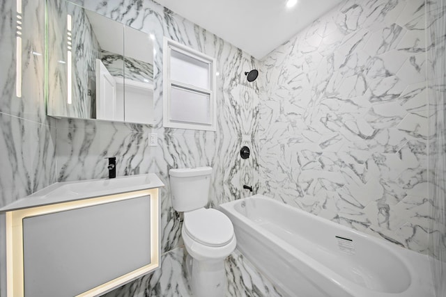 full bathroom featuring tile walls, shower / bathtub combination, toilet, and vanity