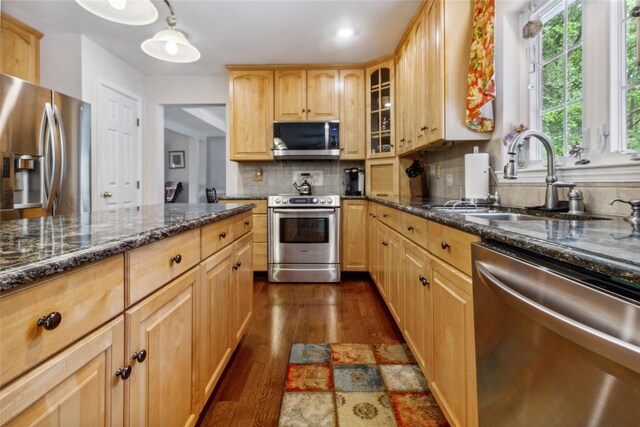 kitchen with appliances with stainless steel finishes, a sink, dark wood-style floors, tasteful backsplash, and glass insert cabinets