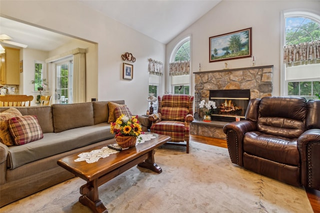 living area with a fireplace, lofted ceiling, and wood finished floors