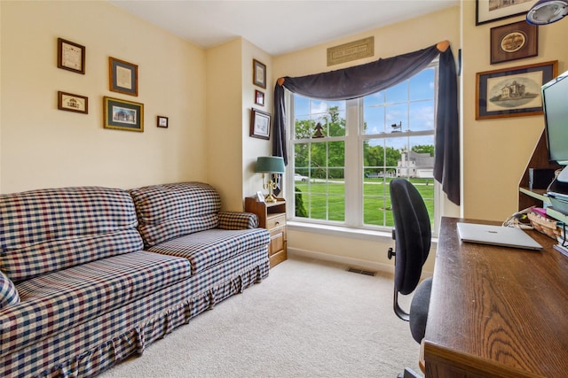 carpeted office space featuring healthy amount of natural light and baseboards