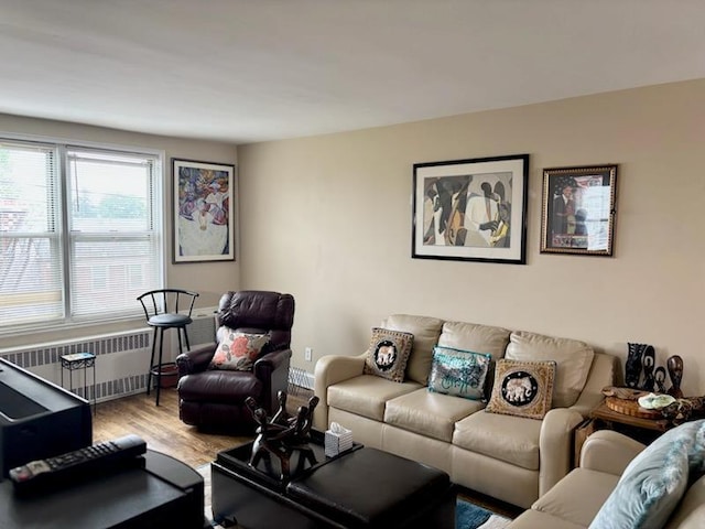 living room with radiator heating unit and wood finished floors