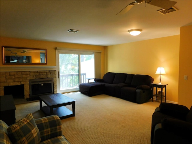 42 Touchstone Way, Millwood, NY 10546 - living area with ceiling fan, carpet floors, and a fireplace