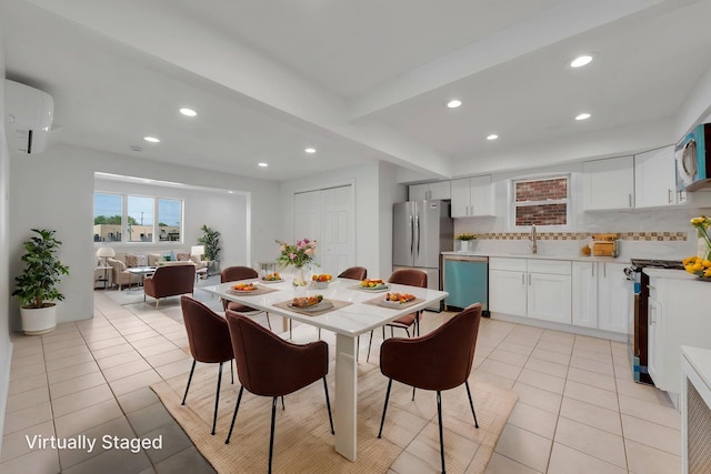 15940 95th St, Howard Beach, NY 11414 - dining room with a wall mounted air conditioner, recessed lighting, and light tile patterned flooring