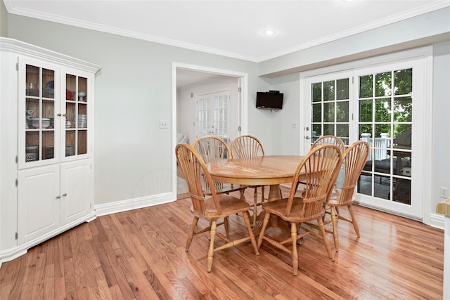 3 Kitchel Rd, Mount Kisco, NY 10549 - dining space with light wood-style floors, crown molding, baseboards, french doors, and recessed lighting