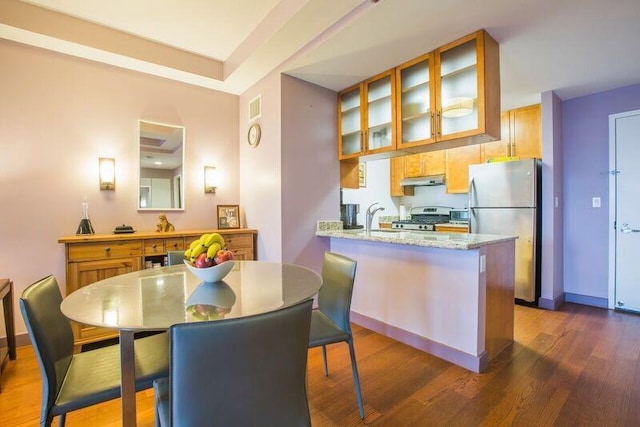 kitchen featuring stove, freestanding refrigerator, glass insert cabinets, dark wood-style flooring, and a sink