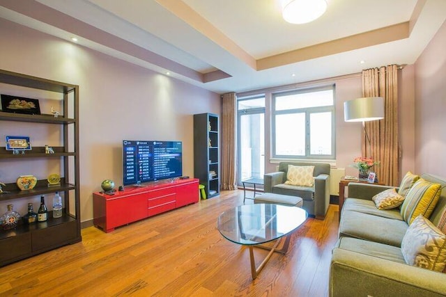 living room with a raised ceiling and wood finished floors