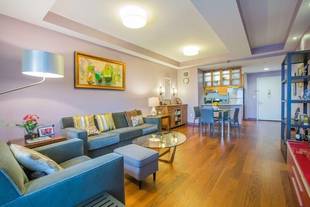 living area featuring a raised ceiling and wood finished floors