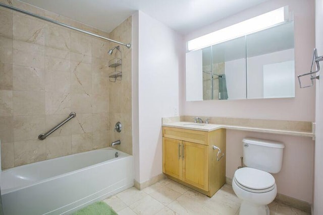 full bathroom featuring toilet, shower / tub combination, baseboards, vanity, and tile patterned floors