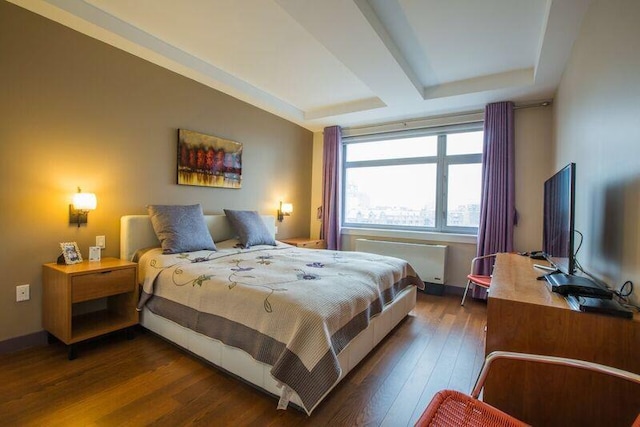 bedroom with dark wood-type flooring, radiator heating unit, and baseboards