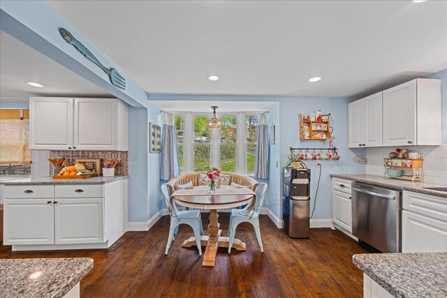 kitchen with dishwasher, white cabinetry, backsplash, and recessed lighting