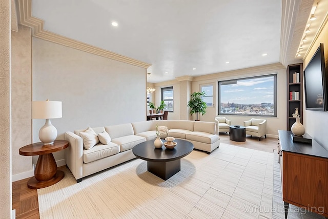 living area featuring baseboards, a chandelier, crown molding, recessed lighting, and built in shelves