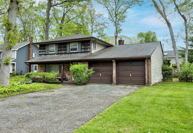 76 Moriches Rd, Lake Grove, NY 11755 - view of front of home featuring a chimney, an attached garage, driveway, a front lawn, and covered porch