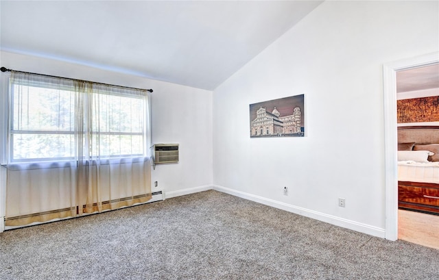 10 Butler Dr, Goshen, NY 10924 - carpeted spare room with baseboard heating, lofted ceiling, an AC wall unit, and baseboards