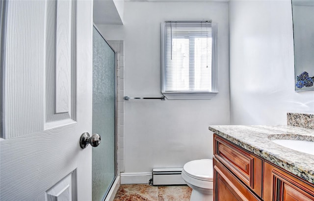 10 Butler Dr, Goshen, NY 10924 - bathroom with a baseboard heating unit, vanity, a shower with door, toilet, and baseboards