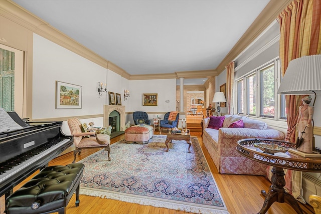 1 Wensley Dr, Great Neck, NY 11021 - living area with crown molding, wood finished floors, and a fireplace